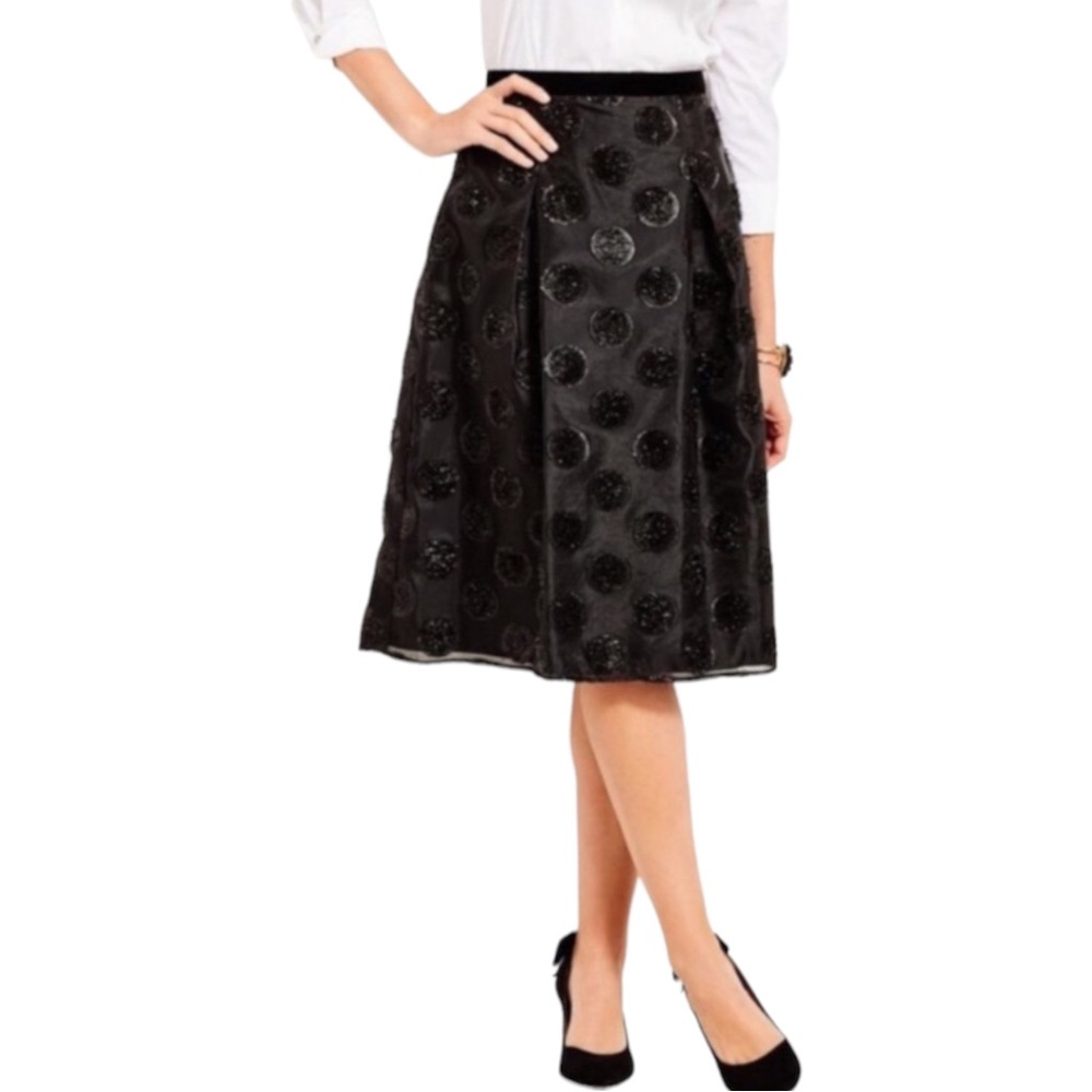 NWT RSVP by Talbots black A-line midi skirt with textured polka dots, Sz 4